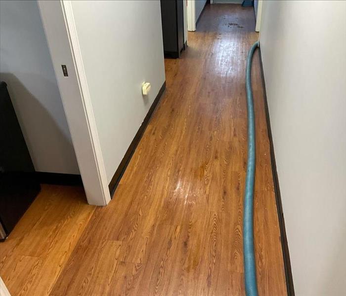 Equipment hose in a water-damaged hallway with wood floors