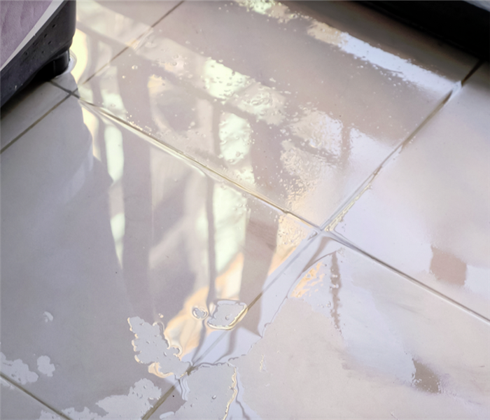 a puddle of water on white tile floor